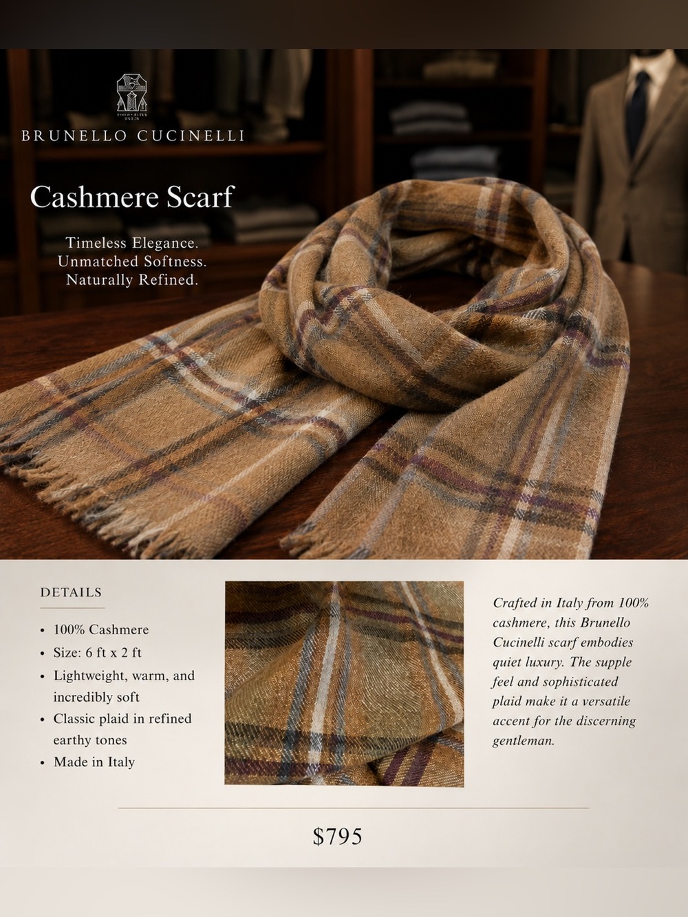 Brunello Cucinelli Camel Plaid Cashmere Scarf with Blue and Brown Accents